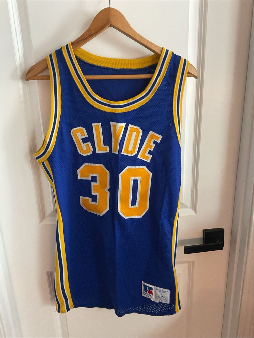 Russell Athletic - Blue and Yellow 'Clyde 30' Basketball Jersey - Size Large